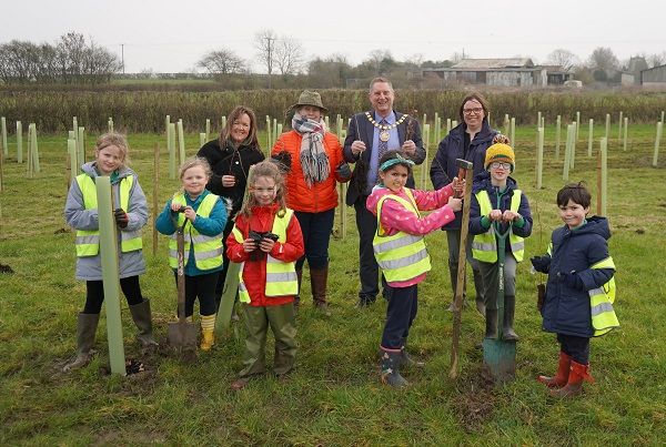 A group of young people planting new trees.