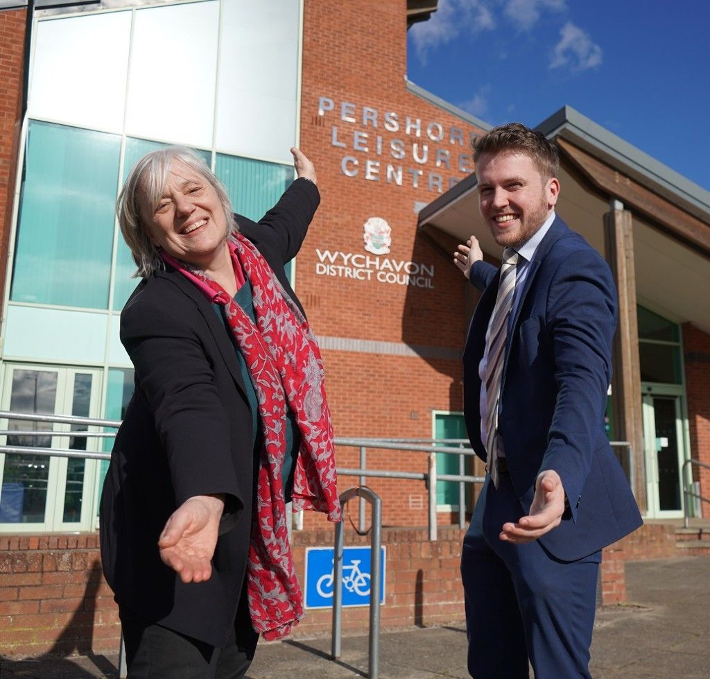 Cllr Beverley Hardman and Cllr Dan Birch in front of Pershore Leisure Centre