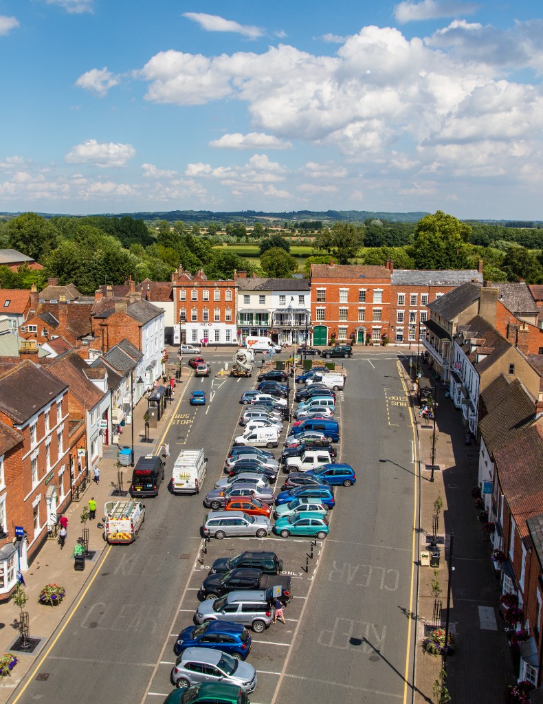 Aerial shot of Broad Street in Pershore