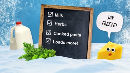 A chalkboard with a list of food items that can be frozen and a pieces of cheese with a speech bubble saying 'say cheese'