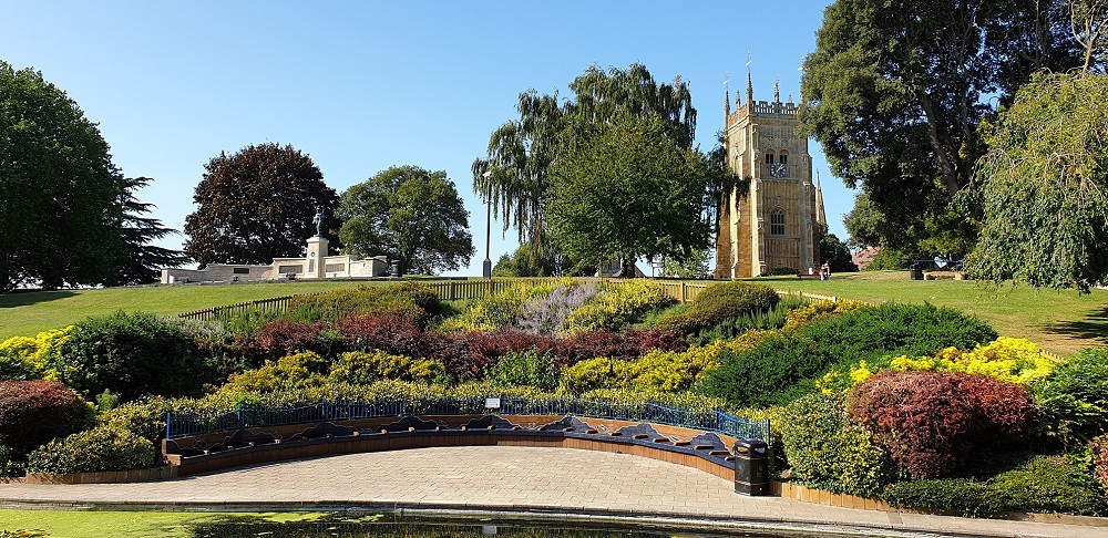 A wide shot of Evesham's Abbey Park with the Bell Tower in the background.