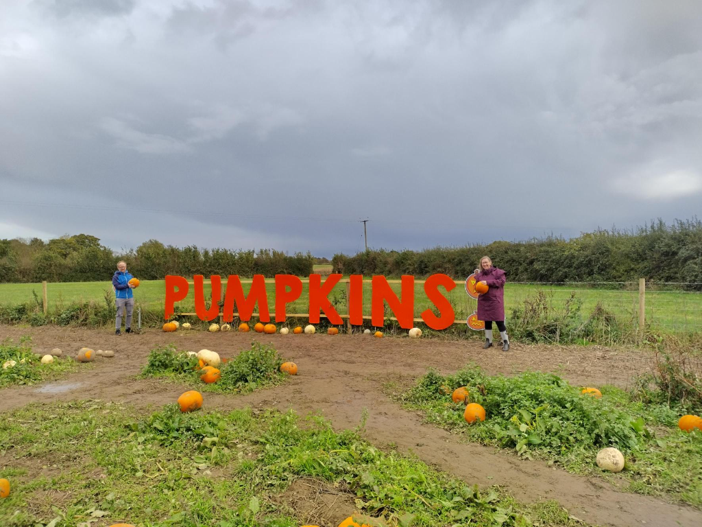 Branwen and Ben collect pumpkins: Ben Price, Communities Officer, and Branwen Bingle Communities Officer gather pumpkins from Churchfields Farm