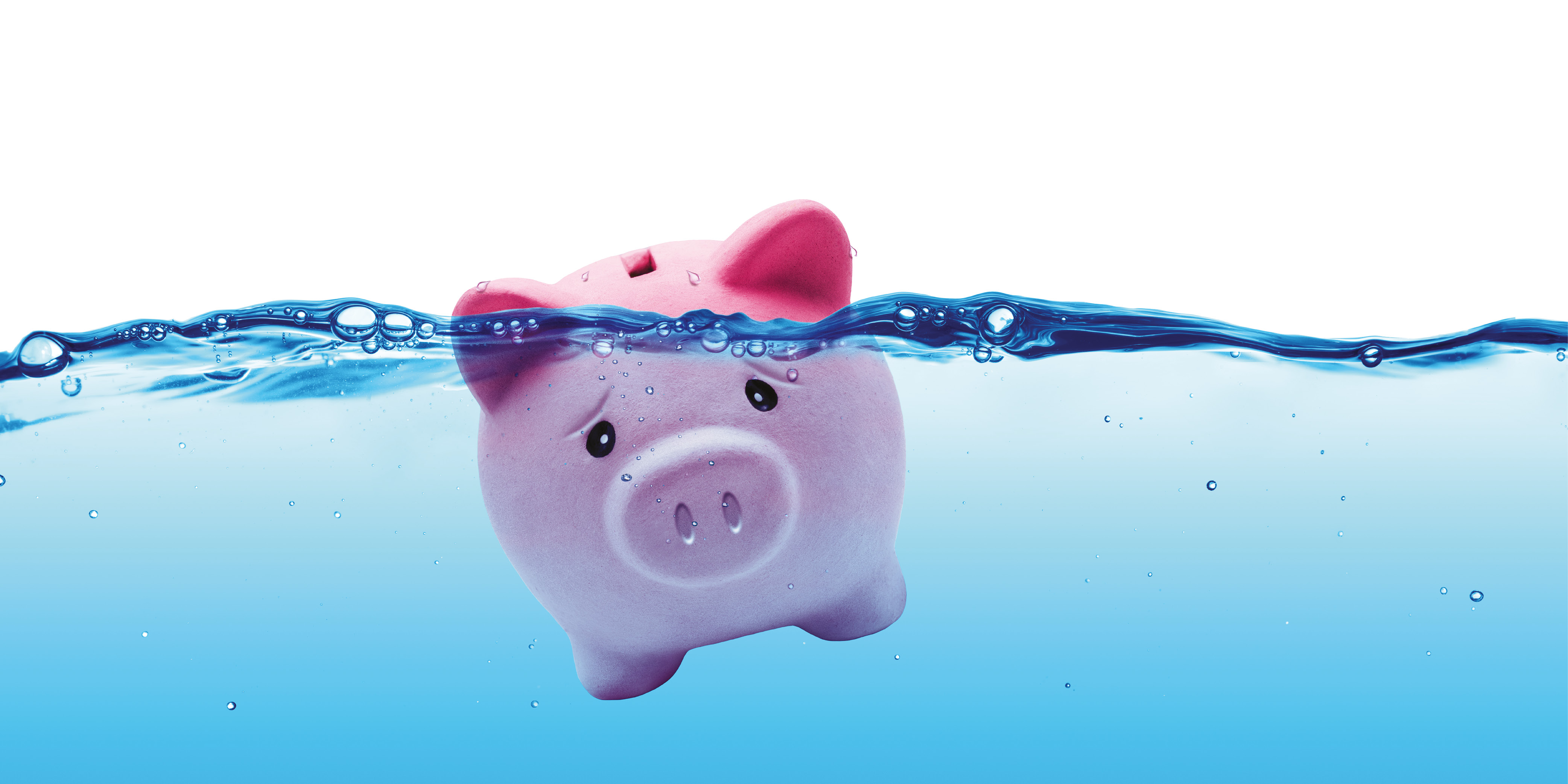 Sad money piggy bank drowning in water