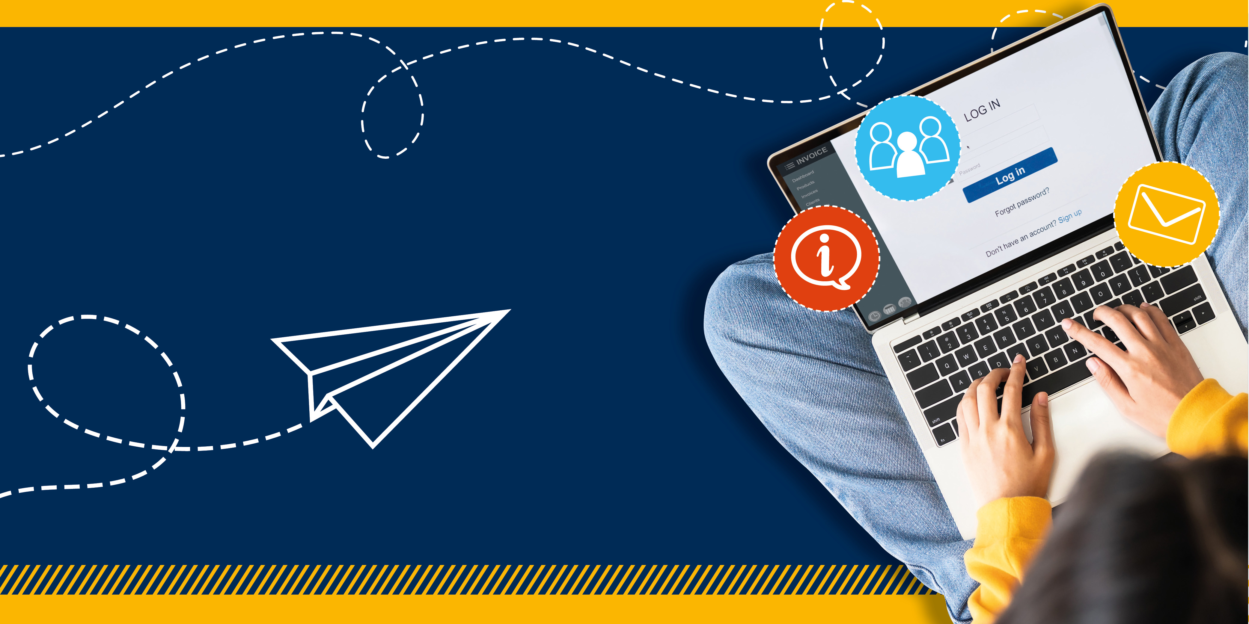 Decorative image of person using a laptop to log into portal