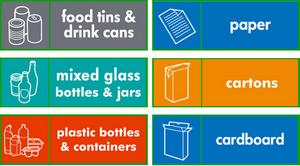 Recycle Options: tins, cans, paper, glass bottles, cartons, paper, plastic bottles and cardboard