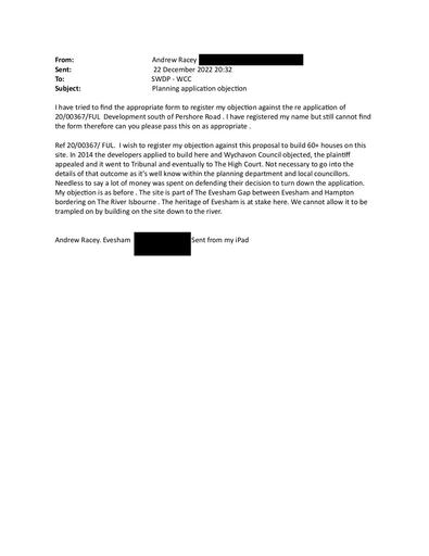 Andrew Racey Planning application objection  redacted