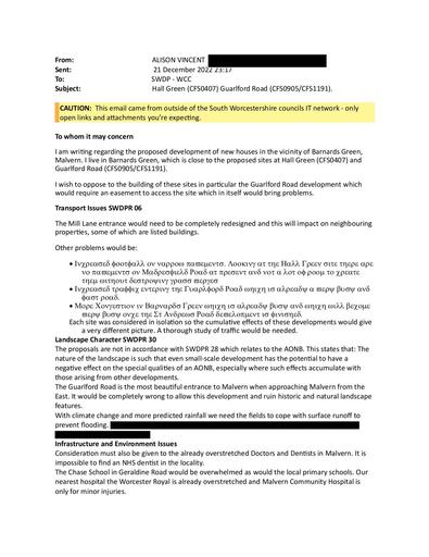 ALISON VINCENT Hall Green (CFS0407) Guarlford Road (CFS0905 CFS1191) redacted