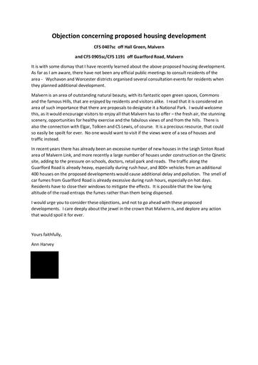 Objection concerning proposed housing development redacted